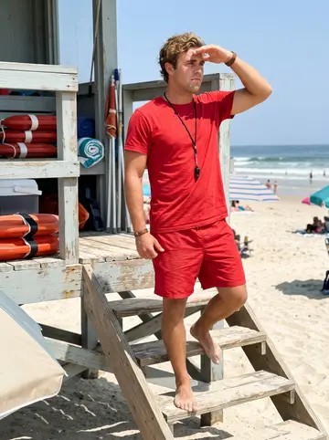 Ismaël, AI character: the lifeguard post on Grande Plage during a busy hot afternoon, rescue buoys and beach umbrellas around…