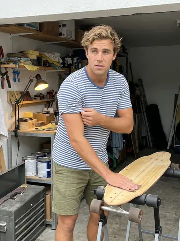 Ismaël, AI character: his family's garage in Biarritz, a 1970s longboard on padded stands with sandpaper, wax, and old towels nearby