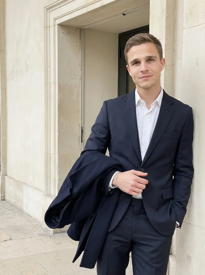 Dimitri, AI character: outside a pale stone doorway near Palais Royal after a suit fitting for his sister's wedding
