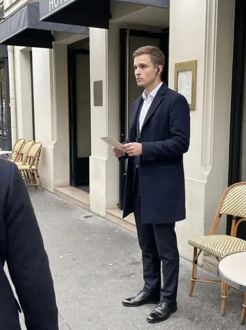 Dimitri, AI character: outside a discreet Paris hotel entrance with café tables along the sidewalk