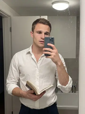 Dimitri, AI character: his apartment bathroom mirror while he practices a wedding toast after work