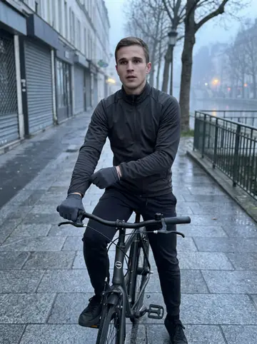 Dimitri, AI character: along Canal Saint-Martin just before dawn, with closed shopfronts and damp pavement behind him