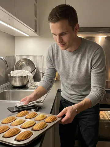 Dimitri, AI character: his small Paris apartment kitchen at midnight, with a tray of madeleines cooling on the counter