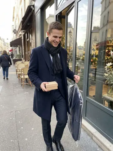 Dimitri, AI character: outside his sister's florist near Montmartre after picking up wedding samples