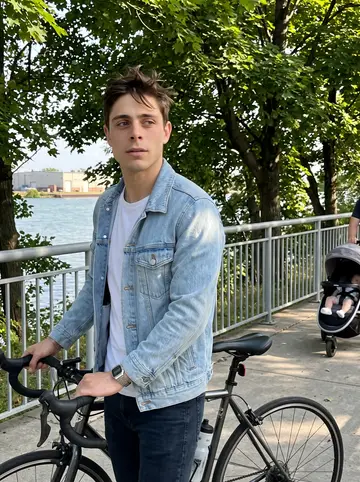Amine, AI character: the Detroit river path near the water at golden hour, his road bike leaned against the railing beside him
