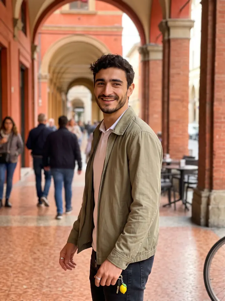 Ottavio, AI character: under the red porticos near Piazza Santo Stefano in Bologna on a bright spring afternoon, a few bicycles…
