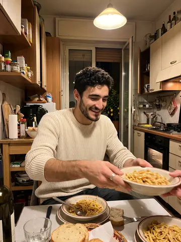 Ottavio, AI character: his flatmate's tiny Bologna kitchen during a crowded Sunday dinner, plates of pasta and a balcony lemon…