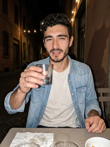 Ottavio, AI character: busy outdoor bar table in Bologna after a clinic team's Friday drink, condensation on glasses and dark…