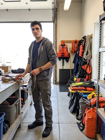 Giosuè, AI character: inside the Coast Guard station boat bay in Gloucester, rescue fins, dry bags and orange flotation gear…