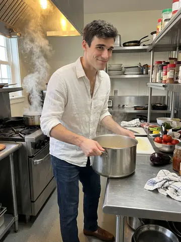 Giosuè, AI character: station kitchen on a Sunday morning, a huge pasta pot on the stove and caponata ingredients spread across…