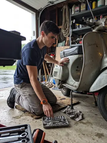 Giosuè, AI character: his uncle's small garage in Gloucester after rain, a beat-up Vespa on its stand with tools laid out on a…