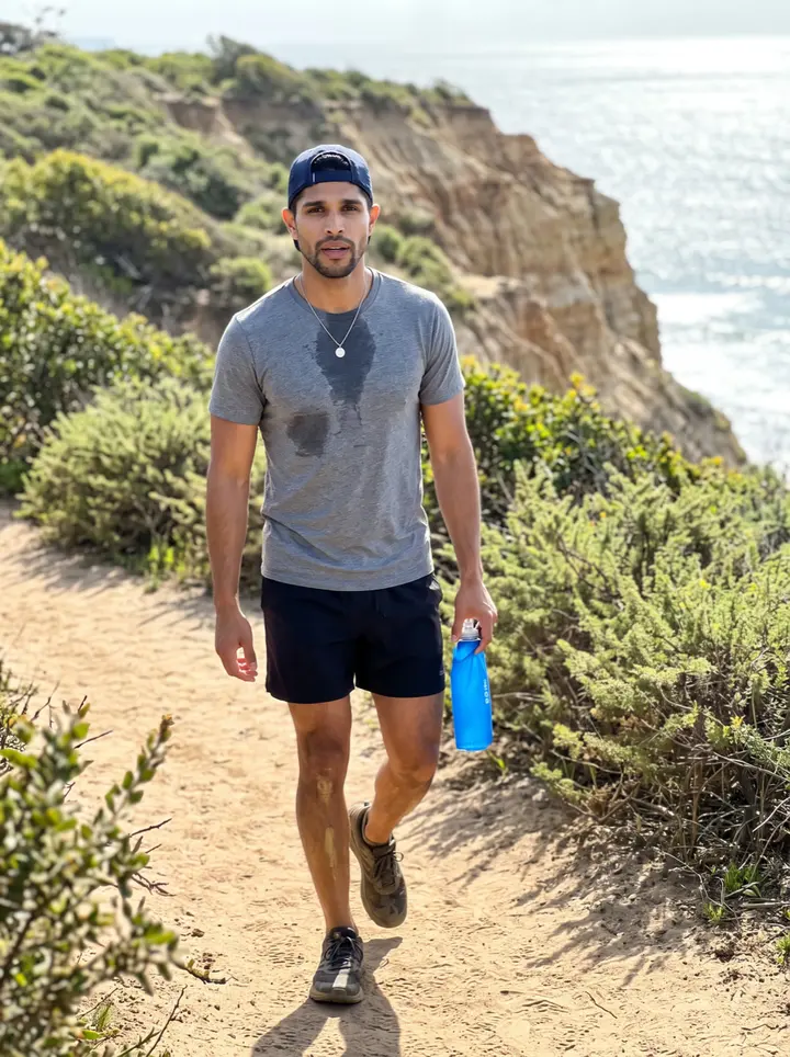Adrian, AI character: sandy trail along the sandstone bluffs at Torrey Pines, with scrubby green chaparral and the blue Pacific…
