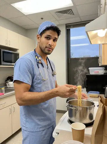 Adrian, AI character: small hospital staff break room with a vending machine, a corkboard of thank-you cards and a window…