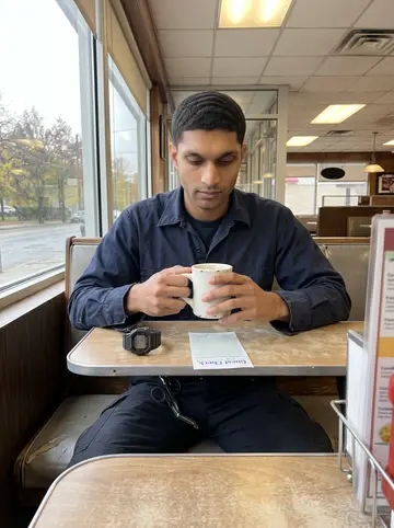 Noah, AI character: corner booth of a no-frills Philly diner after an overnight shift, rain-dark street visible through the…