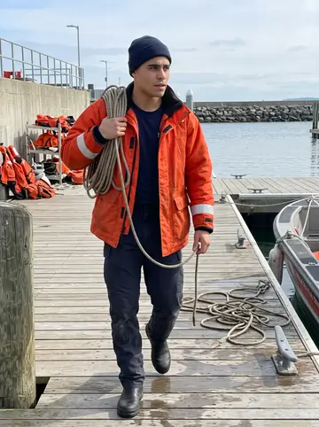 Jonathan, AI character: the Coast Guard station dock during a break after morning boat checks, wet ropes and metal cleats around him