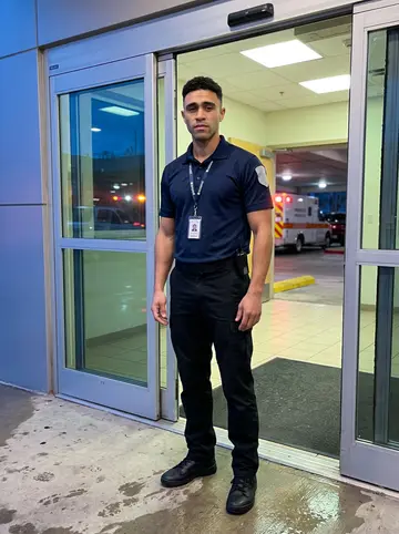 Rashid, AI character: outside the ER security entrance in Houston just before night shift, automatic glass doors and ambulance…