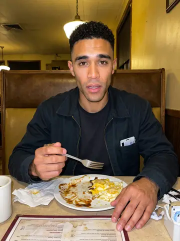 Rashid, AI character: a 4am diner booth after a hospital shift, laminated menu, coffee mug and plate of eggs on the table