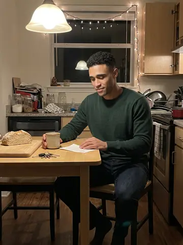Rashid, AI character: his mother's kitchen table in Houston during a small family holiday evening, ginger Sudanese tea and Irish…