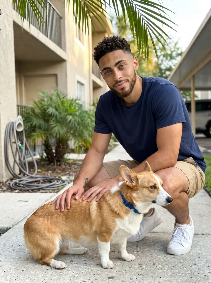 Byron, AI character: the apartment courtyard in Tampa during Biscuit's slow evening walk, low palms and stucco balconies behind him