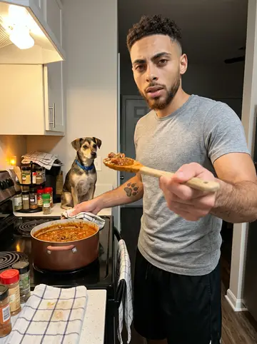 Byron, AI character: his small Tampa apartment kitchen on Sunday night, chili pot on the stove and Biscuit waiting near the cabinet