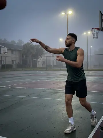 Byron, AI character: a cracked outdoor basketball court in Tampa just after sunrise, damp chain nets and low apartment blocks…