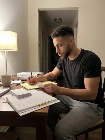 Byron, AI character: his dining table after midnight, stacks of index cards turned face down, a mug, and a legal pad beside his…