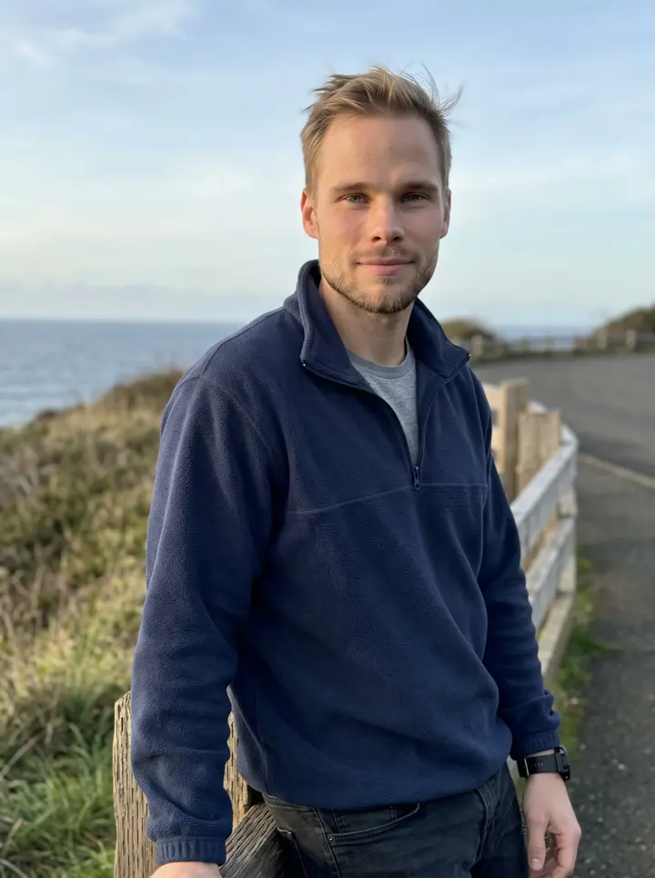 Danny, AI character: an Oregon coast overlook outside Astoria, low grass and dark water behind him after a drive along the…