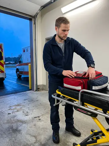 Danny, AI character: the ambulance bay at the coastal EMS station just before evening shift change, wet pavement outside the…