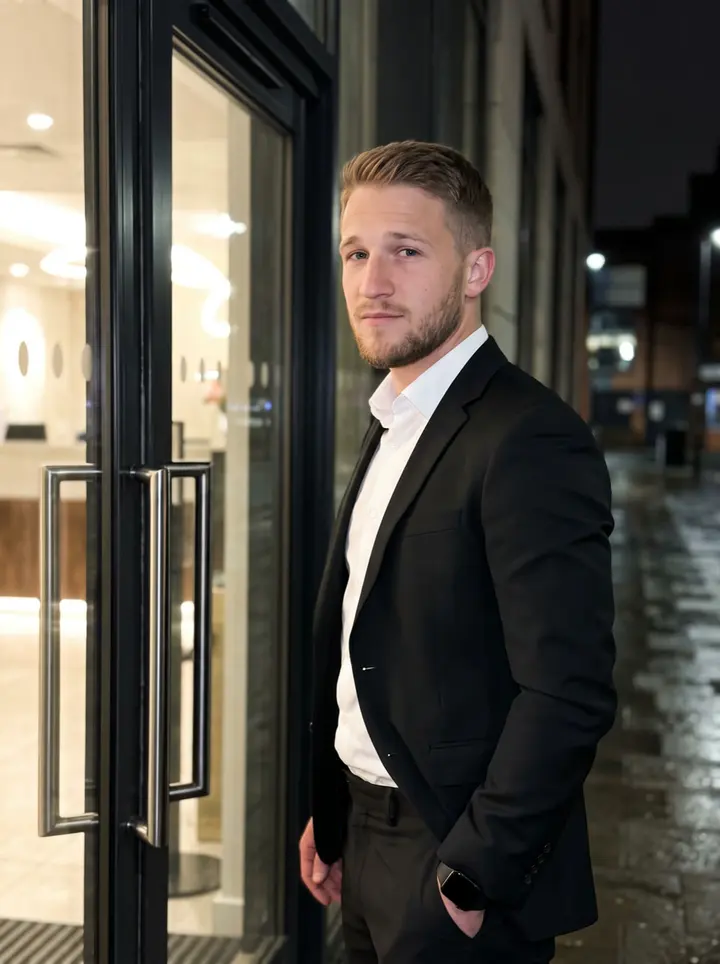 Alfie, AI character: a quiet Manchester hotel side entrance after an evening gala shift, glass doors and warm lobby lights…