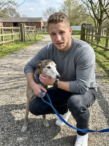 Alfie, AI character: a gravel path outside a retired greyhound rescue in Cheshire on a clear Saturday morning