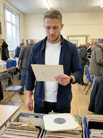 Alfie, AI character: a northern soul record fair in a community hall near Salford, crates of 45s on folding tables around him