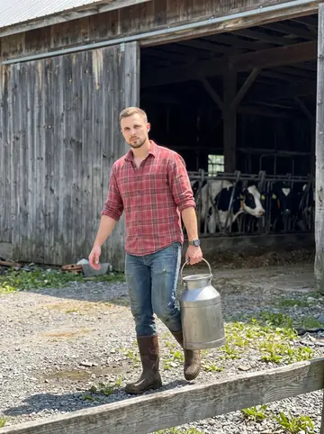 Phillip, AI character: his brother's dairy farm in northern Vermont, outside the open barn door with Holstein cows in the shaded…
