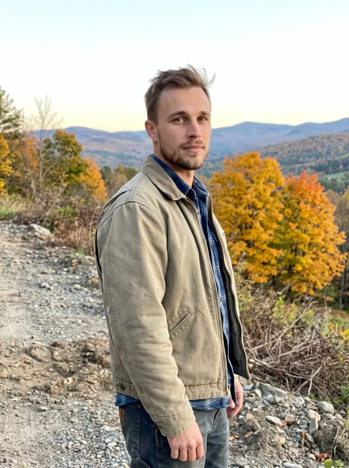 Phillip, AI character: a gravel pull-off above a Vermont valley beside his plain dark pickup truck, yellow maple trees behind him