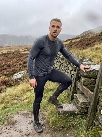Ellis, AI character: a stone-wall stile on Kinder Scout in the Peak District, brown heather and low cloud