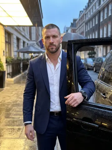 Callum, AI character: a wet street outside a Mayfair hotel at dusk, a black Range Rover at the curb, rain beading on the roof