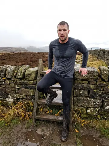 Callum, AI character: a stone-wall stile on Kinder Scout in the Peak District, brown heather and low cloud