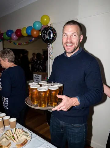Callum, AI character: his mum's sixtieth birthday at a social club in Stockport, balloons and a buffet table, relatives cropped…