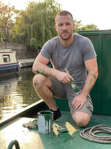 Callum, AI character: the roof of his green narrowboat moored at Little Venice on a summer evening, paint tins and a coil of…