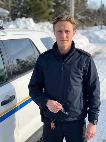 Tarjei, AI character: the valley ski trail above a small fjord town near Bergen, fresh snow on the pines and the water far below