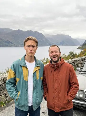 Tarjei, AI character: a ferry landing road outside town at blue-grey dusk, drizzle on the asphalt and fjord lights behind him