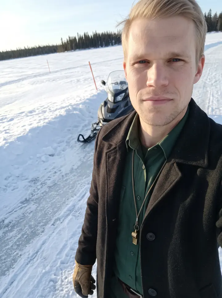 Albin, AI character: a frozen lake in northern Minnesota beside a line of black spruce, his patrol snowmobile and orange trail…