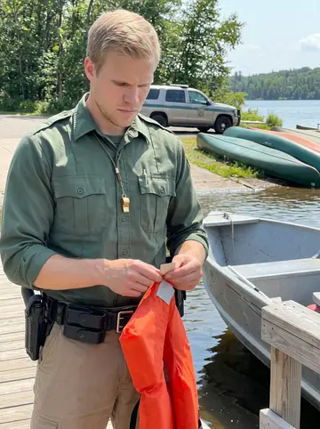 Albin, AI character: a public boat landing on a northern Minnesota lake, patrol truck parked near the ramp and canoes stacked…