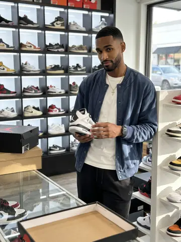 Lorenzo, AI character: inside Rope Drop, his sneaker consignment shop on Edgewood Avenue, Atlanta: wall of sneakers on lit…
