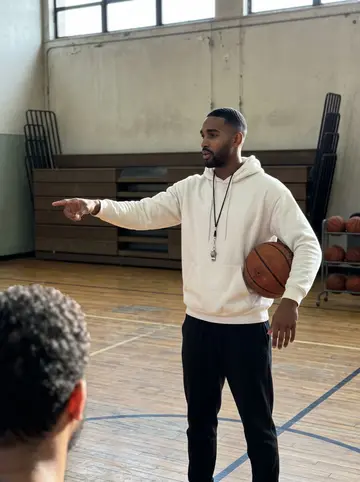 Lorenzo, AI character: the old Boulevard rec center gym in the Old Fourth Ward during his Saturday youth clinic: worn wooden…