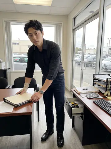 Tommy, AI character: inside the used car dealership office, between a desk, key board, and glass door to the lot