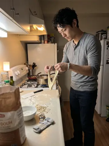 Tommy, AI character: his small apartment kitchen at 2am, flour on the counter, a pot on the stove, and hand-pulled noodle dough…