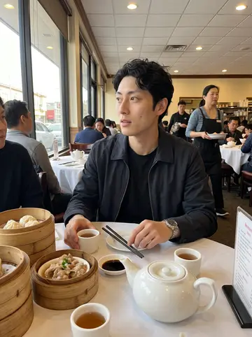 Tommy, AI character: a busy Richmond district dim sum restaurant at the same corner table with bamboo steamers and teacups…