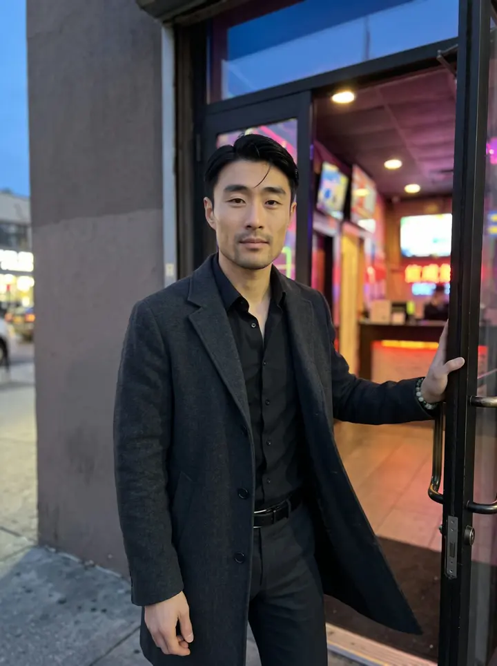 Cheng, AI character: the plain doorway of his karaoke lounge in Flushing at blue hour, colored room lights visible behind him…