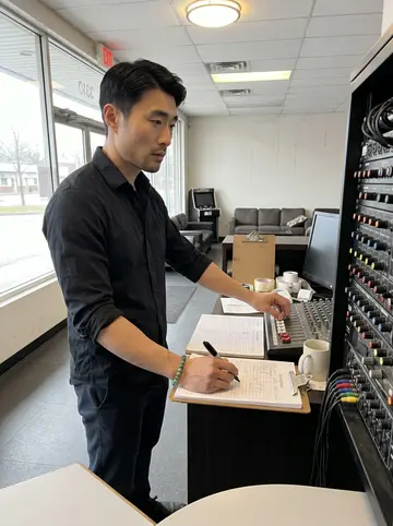 Cheng, AI character: inside the karaoke lounge before opening, beside the sound rack and reservation counter