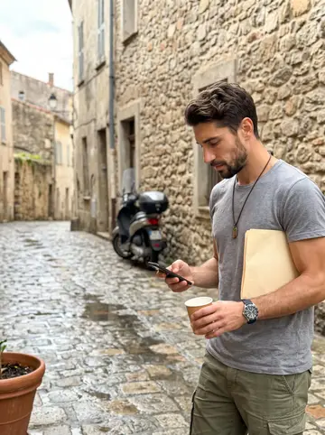Corentin, AI character: the terrace of a stone Balagne villa belonging to Parisians, wet flagstones and a shuttered house, he…